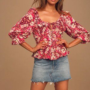 NWT Free People Sweet Memories Pink Multi Floral Print Ruffled Puff Sleeve Top